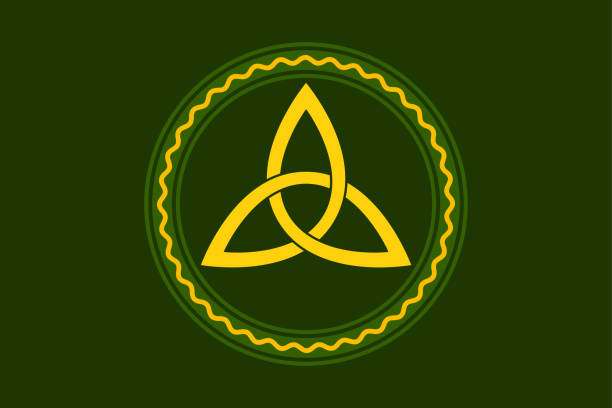 Yellow triquetra, celtic triangle knot, in circle frame, over green Yellow colored triquetra, celtic triangle knot, within green circle frame, with orange serpentine line, over moss green. Triangular knot, used in ancient Christian ornamentation. Illustration. Vector. celtic knot animals stock illustrations