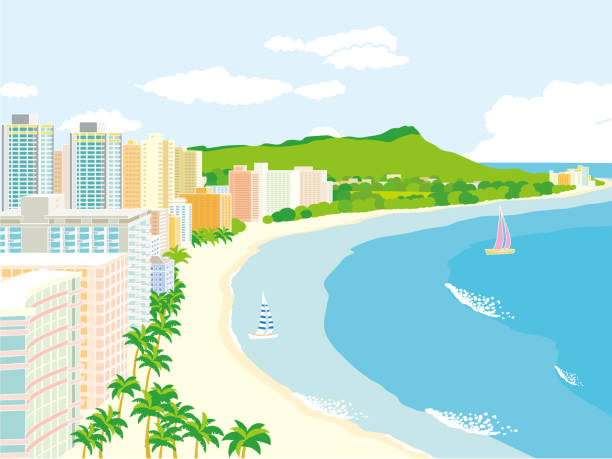 ilustraciones, imágenes clip art, dibujos animados e iconos de stock de ilustración del paisaje de hawái - waikiki beach