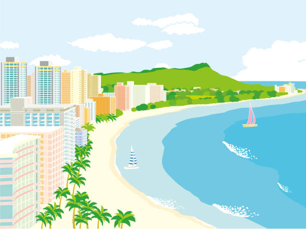 гавайи пейзаж иллюстрация - waikiki beach stock illustrations