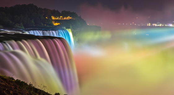 Every evening beginning at dusk, American and Canadian Horseshoe Falls (Niagara Falls) is transformed into incredible, multi-colored water and light masterpiece. The American Falls is the second-largest of the three waterfalls that together are known as Niagara Falls on the Niagara River along the Canada-U.S. border.