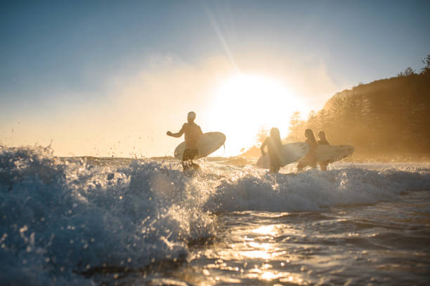 istock Gold Coast Surfers Running into Mist and Waves at Sunrise 1295227278