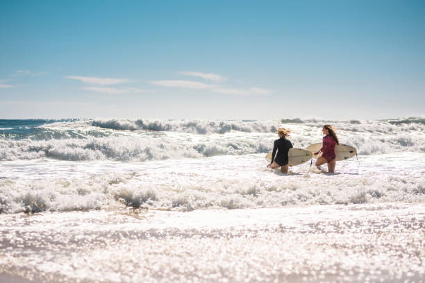 istock Young Female Surfers Walking with Boards into Waves 1295227315