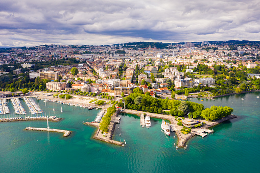 View from drone of Swiss town Lausanne