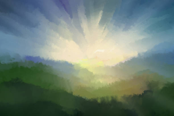 Sunny Valley Summer painting landscape, impressionism pictures of valleys stock illustrations