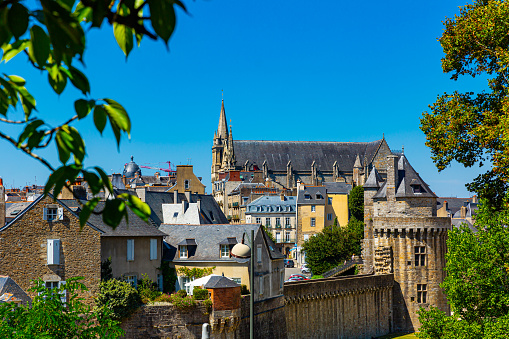 Picturesque view of old city walls and houses of Vannes town in Morbihan department, France