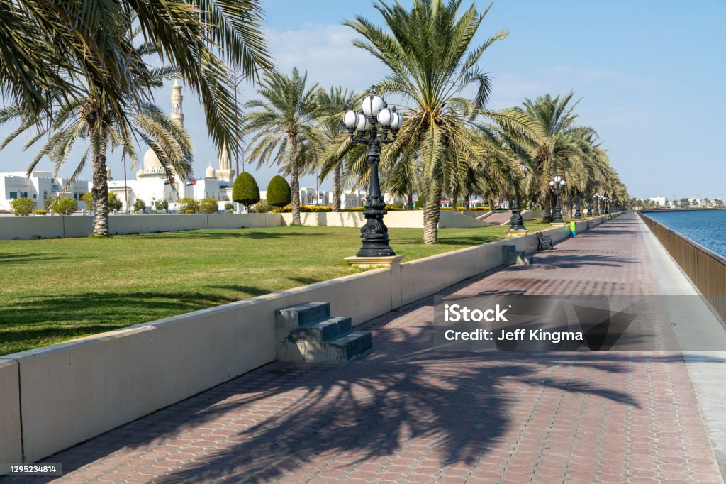 Kalba Corniche in Sharjah United Arab Emirates (UAE) on a beautiful day walking along the Gulf of Oman near the city. Dubai Stock Photo