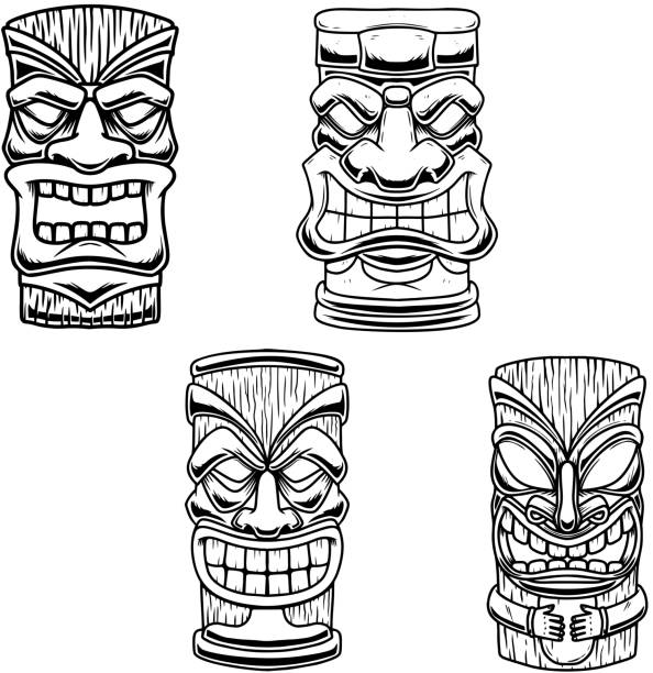 ilustraciones, imágenes clip art, dibujos animados e iconos de stock de conjunto de ilustraciones de máscara de madera tribal tiki. elemento de diseño para emblema, signo, póster, tarjeta, banner. ilustración vectorial - north american tribal culture