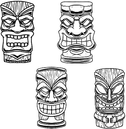 Set of Illustrations of Tiki tribal wooden mask. Design element for emblem, sign, poster, card, banner. Vector illustration