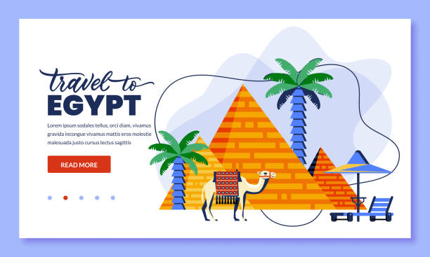 ilustrações de stock, clip art, desenhos animados e ícones de travel to egypt and cairo, vector illustration. flat cartoo icons of egyptian pyramid, camel and palms - egypt pyramid cairo camel