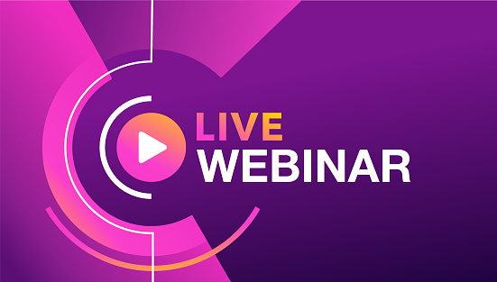 Live webinar banner in purple colors, with Play pictogram - catchy advertising