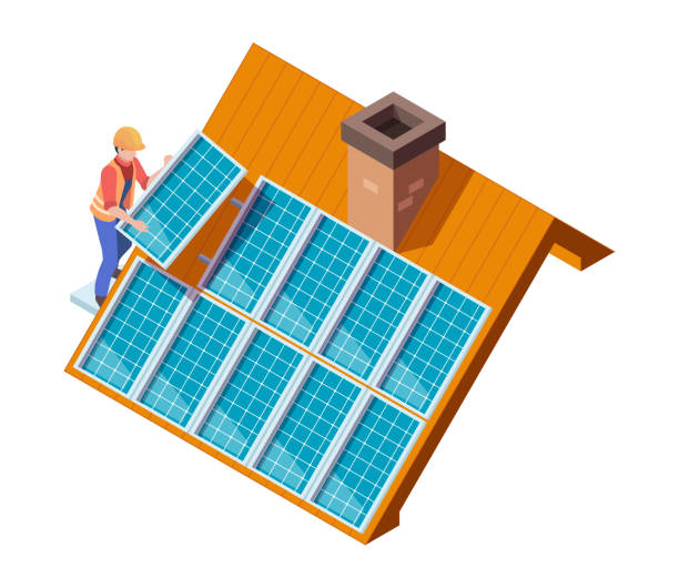 Solar panels installation. Worker making modern eco suny panel on roof renewable electricity systems vector isometric concept Solar panels installation. Worker making modern eco suny panel on roof renewable electricity systems vector isometric concept. Illustration construction supply, install renewable solar panel Installing stock illustrations