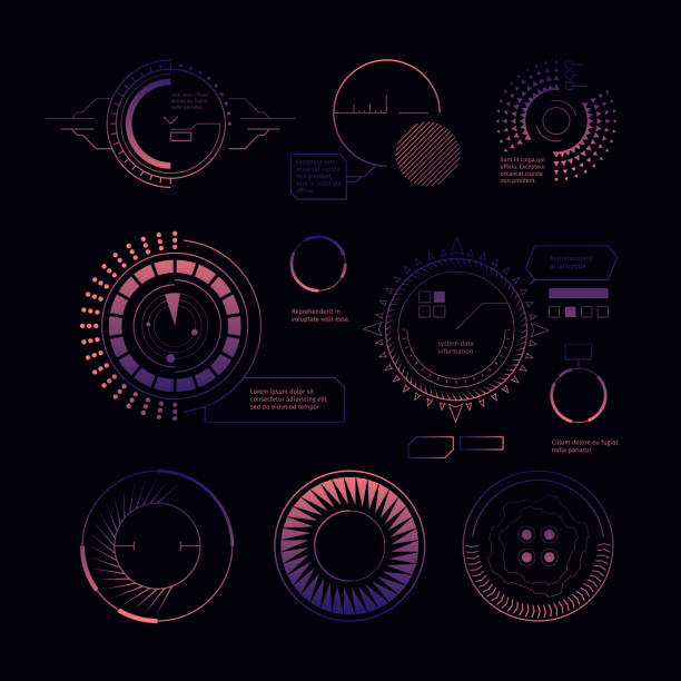 Hud radar interface. Digital modern military weapons ui templates circle futuristic forms graphical satellite vector set Hud radar interface. Digital modern military weapons ui templates circle futuristic forms graphical satellite vector set. Illustration hud futuristic screen, interface dashboard military infographic elements stock illustrations