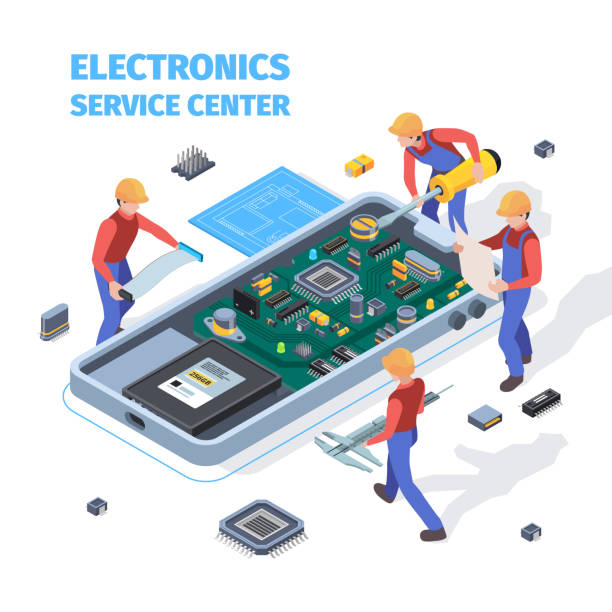 ilustrações de stock, clip art, desenhos animados e ícones de repair service concept. people making repair at motherboard of smartphones or laptop workers fixed bugs and electronic problems vector isometric - order repairing telephone change