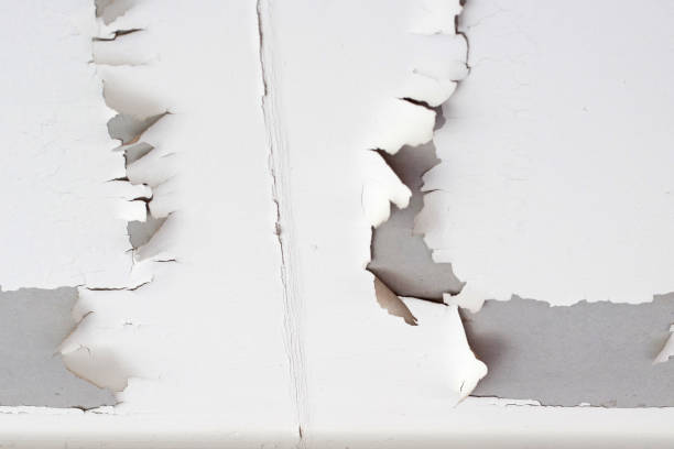 istock White color paint peeling off on ceiling house. Under the roof 1295240896