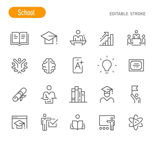 schulsymbole - linienserie - editable stroke - physics classroom teaching professor stock-grafiken, -clipart, -cartoons und -symbole