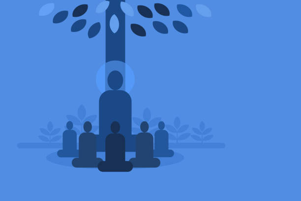 illustrazioni stock, clip art, cartoni animati e icone di tendenza di illustrazione del sistema educativo "gurukul" in cui insegnanti e studenti seduti sotto un albero - yoga meeting