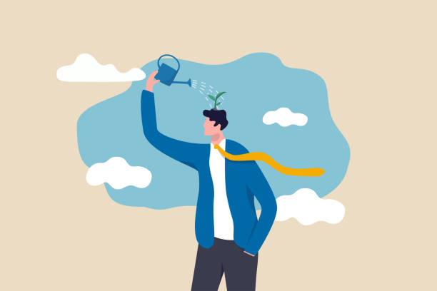 Self improvement, growth mindset, positive attitude to learn new knowledge improve creativity for business problem concept, smart businessman using watering can to water growing seedling on his head. Self improvement, growth mindset, positive attitude to learn new knowledge improve creativity for business problem concept, smart businessman using watering can to water growing seedling on his head. professional occupation illustrations stock illustrations