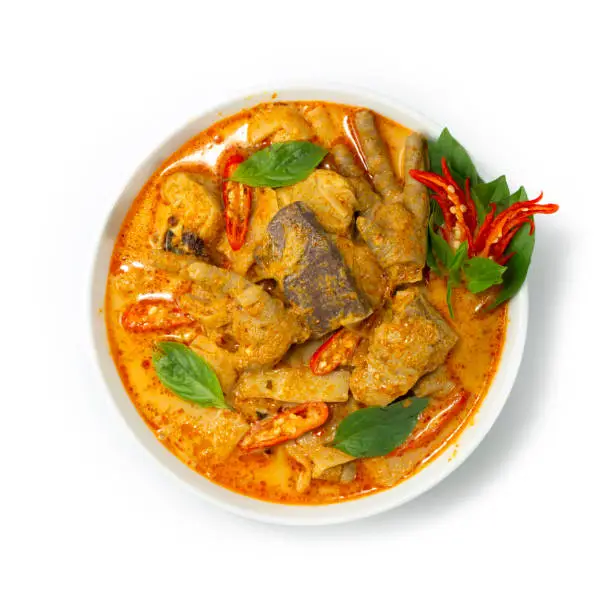 Bamboo Shoot with Chicken Red Curry Main course Thaifood Style decorate Chili and Sweet Basil topview