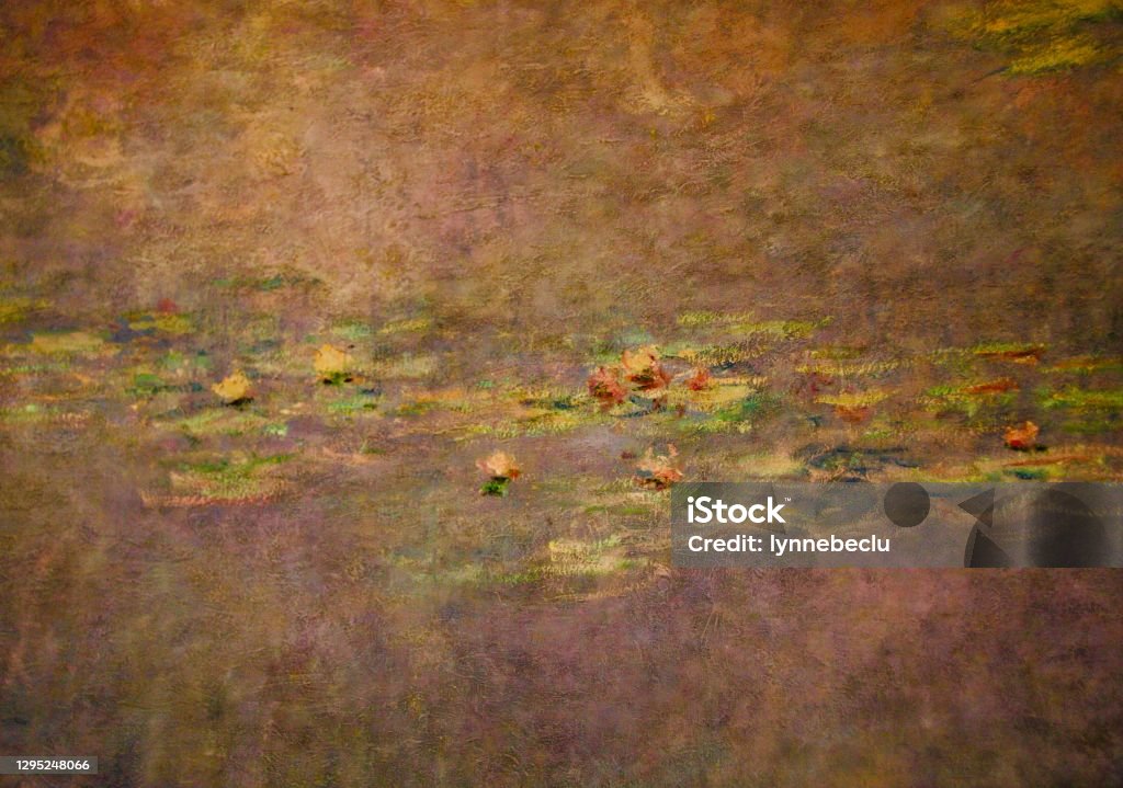 Waterlily Paintings Closeup photo of a section of Impressionist painter Claude Monet’s Waterlily paintings in the Musee de l’Orangerie in Paris Claude Monet Stock Photo