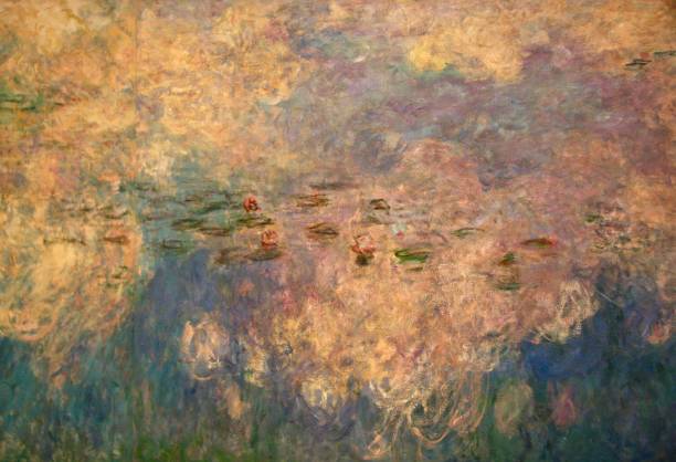 Waterlily Paintings Closeup photo of a section of Impressionist painter Claude Monet’s Waterlily paintings in the Musee de l’Orangerie in Paris claude monet photos stock pictures, royalty-free photos & images