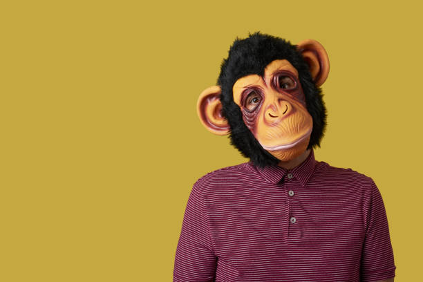 istock man wearing a monkey mask on a yellow 1295253335