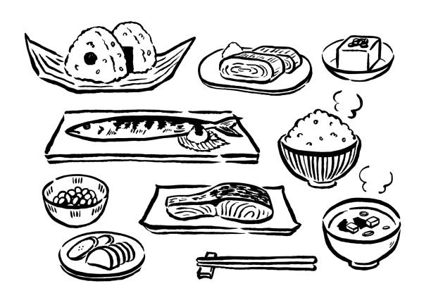 Japanese foods menu by a brush Japanese foods menu by a brush washoku stock illustrations