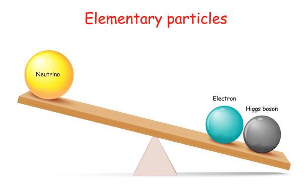 ilustraciones, imágenes clip art, dibujos animados e iconos de stock de masa de partículas elementales: electrón, bosón de higgs y neutrino - partícula elemental