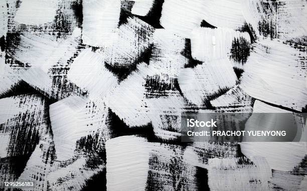 Black And White Abstract Painting Background Acrylic Grunge Color Painted On Canvas Handmade Hand Drawn Flat Lay Overlay Artwork Display Texture Concept Modern Contemporary Art Original Stock Photo - Download Image Now