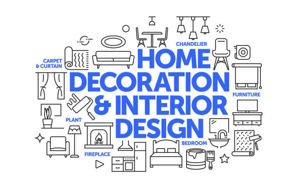 illustrations, cliparts, dessins animés et icônes de décoration intérieure et design d’intérieur connexes web banner line style. illustration linéaire moderne de vecteur de conception pour la bannière web, l’en-tête de site web etc. - interior designer