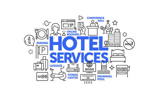 Hotel Services and Facilities Related Web Banner Line Style. Modern Linear Design Vector Illustration for Web Banner, Website Header etc.