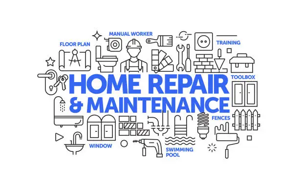 Vector illustration of Home Repair and Maintenance Related Web Banner Line Style. Modern Linear Design Vector Illustration for Web Banner, Website Header etc.