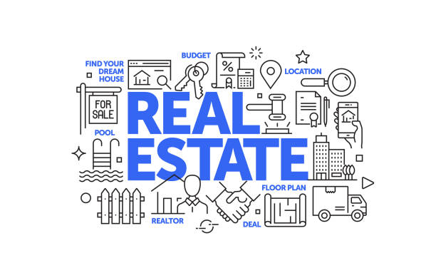 ilustrações de stock, clip art, desenhos animados e ícones de real estate related web banner line style. modern linear design vector illustration for web banner, website header etc. - finance computer icon businessman office building