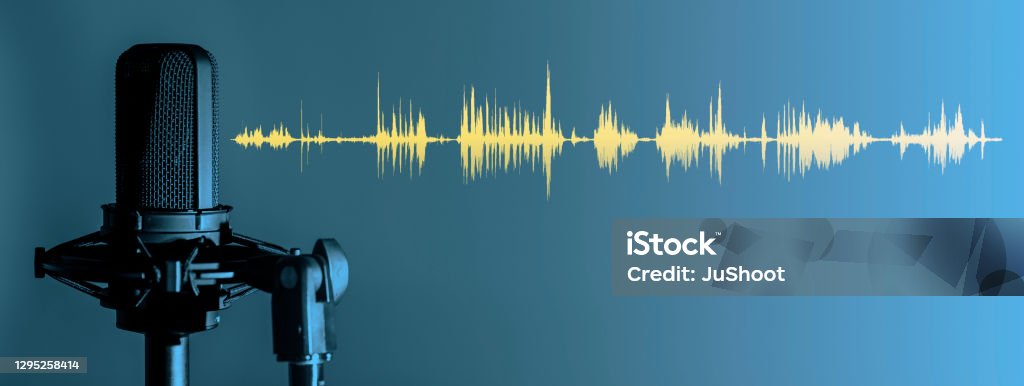 Studio microphone on blue background with yellow waveform, Podcast or recording studio banner Studio microphone on blue background with yellow waveform, Podcast or recording studio banner with copy space Podcasting Stock Photo