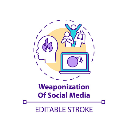 Social media weaponization concept icon. Digital war idea thin line illustration. Journalism challenge. Fake online identities creation. Vector isolated outline RGB color drawing. Editable stroke