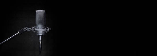 Professional studio recording microphone on the dark, black background with copy space for broadcast or recording studio banner