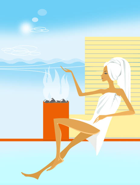 ilustrações de stock, clip art, desenhos animados e ícones de harming woman, wrapped in a towel and with a turban on her head sits in a sauna. illustration - harming