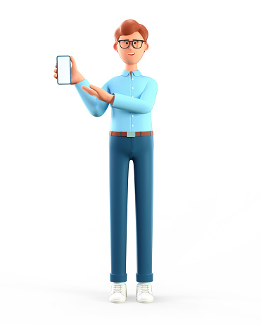 3D illustration of standing man holding smartphone and showing at screen. Portrait of cartoon smiling businessman pointing hand at phone, isolated on white background.