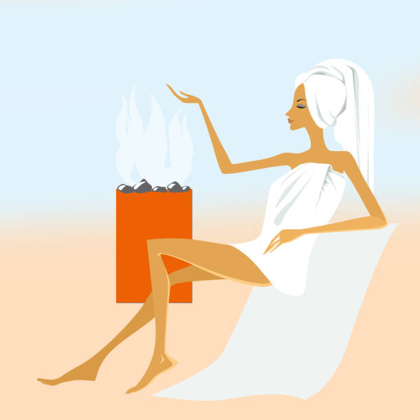 ilustrações de stock, clip art, desenhos animados e ícones de harming woman, wrapped in a towel and with a turban on her head sits in a sauna. illustration - harming