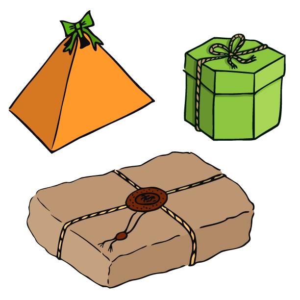 drei formen eines urlaubsgeschenks. geformte orange pyramide, polygonal grün mit einem seil gebunden. und handwerksverpackungen für pakete. handgezeichnete farbige isolierte objekte. - pyramid shaped stock-grafiken, -clipart, -cartoons und -symbole