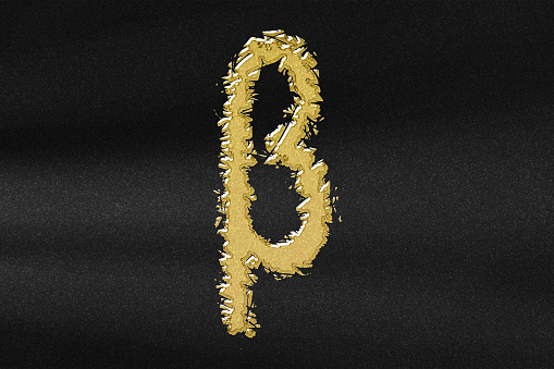 Beta sign. Beta letter, Greek alphabet Symbol, abstract gold with black background