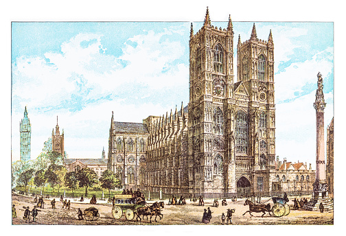 Westminster Abbey and Big Ben in 1880s from out-of-copyright 1891 book \