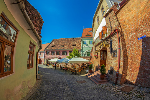 Sibiu, Transylvania: Stairs Passage, known as the Needle Wall, a stone and brick passage which connected the Upper Town and the Lower Town. It was built in the 14th century.