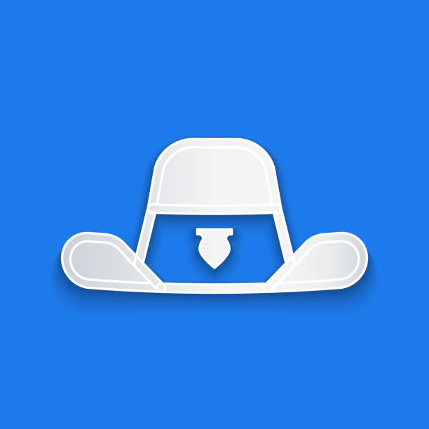 青い背景に分離されたバッジアイコンと紙カット保安官帽子。紙のアートスタイル。ベクトル - cowboy hat hat country and western music wild west点のイラスト素材／クリップアート素材／マンガ素材／アイコン素材