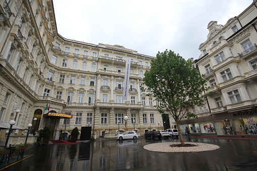 Karlovy Vary, Czech Republic-June 24, 2013: Old Buildings In Karlovy Vary On A Rainy Day. Karlovy Vary is a city in the Czech Republic famous for its hot springs.