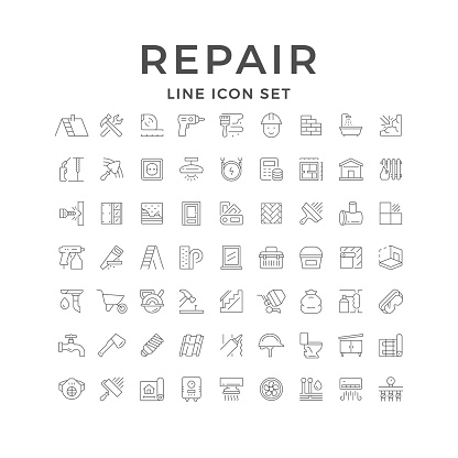 Set line icons of house repair isolated on white. Construction, tool, protective equipment, painting, builder, roof, electricity, heating, ventilation, renovation, blueprint. Vector illustration