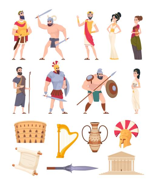 ilustraciones, imágenes clip art, dibujos animados e iconos de stock de elementos de roma. cultural objetos tradicionales antiguos y construcciones arquitectónicas personajes históricos guerreros del coliseo y roma ciudadanos colección de vectores exactos - roman ancient rome empire ancient