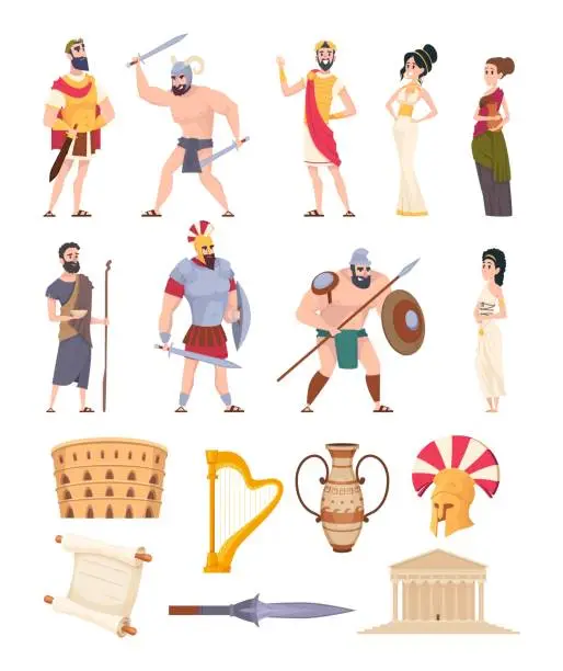 Vector illustration of Rome elements. Cultural ancient traditional objects and architectural constructions historic characters coliseum warriors and rome citizens exact vector collection