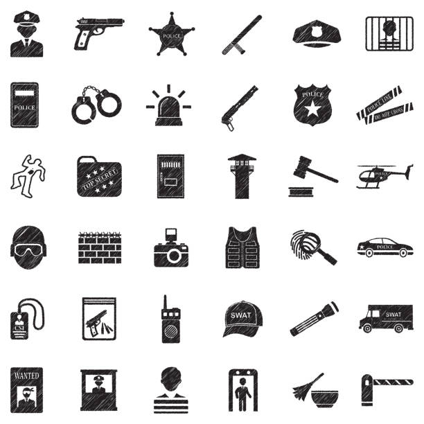 полицейские иконы. черный дизайн каракули. векторная иллюстрация. - police station flash stock illustrations