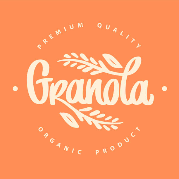 illustrazioni stock, clip art, cartoni animati e icone di tendenza di vettore simbolo del muesli. simbolo alimentare per confezione, etichetta. emblema eco cibo per la colazione. composizione lettering, chiocciole, grani. calligrafia scritta a mano. - granola