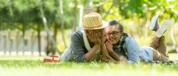 Asian senior elderly retire couple relaxation in the nature park happy and relax time.  People old and Elderly family the rest and chill  after retirement in vacations. Insurance and Lifestyle Concept